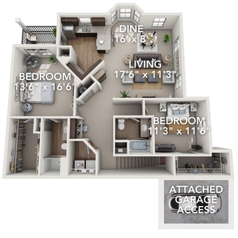 A 3D floor plan of a house with a garage attached.